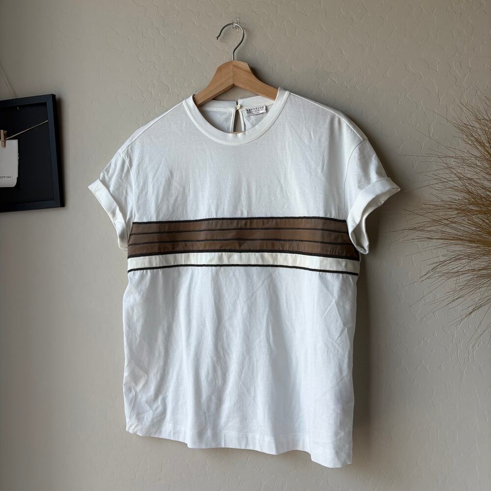Brunello Cucinelli White Stripe Patterned‎ Crewneck Short Sleeve T-Shirt Size M - Picture 3 of 7
